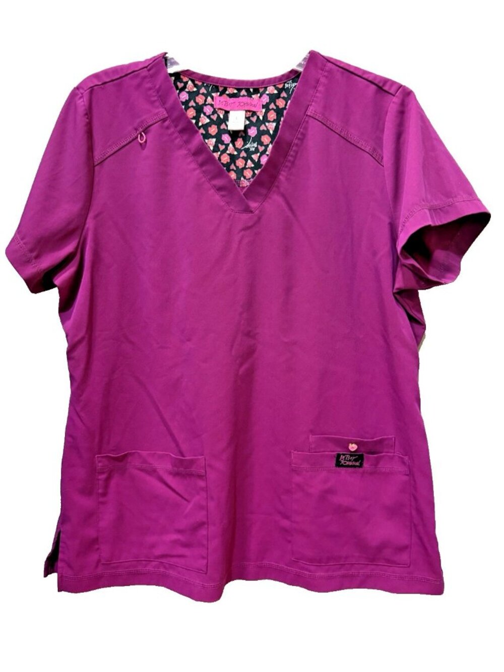 Betsey Johnson Women's Hot Pink Short Sleeve Uniform Medical Scrub Top L V Neck